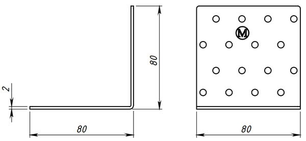 Крепежный равносторонний уголок 80х80х80 - схема, чертеж