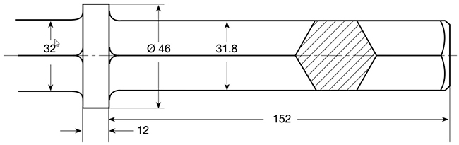 Шестигранный хвостовик (длина 152 мм, диаметр 32 мм) зубила для пневматического отбойного молотка - схема, чертеж