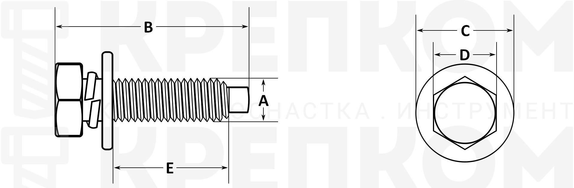 Болт шестигранный М6х1х19 мм с шайбой и гровером - схема, чертеж