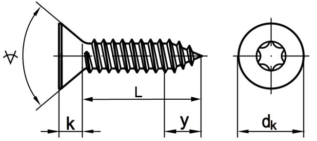 Саморез с потайной головкой и шлицем TORX, ISO 14586 (DIN 7982) форма C - схема, чертеж