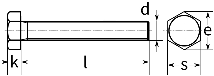 Болт шестигранный DIN 933, класс прочности 12.9 - схема, чертеж