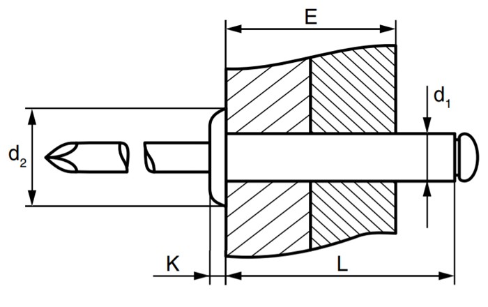 Заклепка вытяжная алюминий/сталь со стандартным бортиком (удлиненная) схема