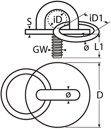 Обушок с кольцом на круглой пластине с винтом 4785 - чертеж, схема, размеры