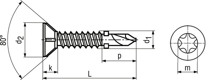 Саморез (флюгель) по металлу с потайной головкой и буром ~DIN 7504 P, шлиц Ph - чертеж схема шурупа