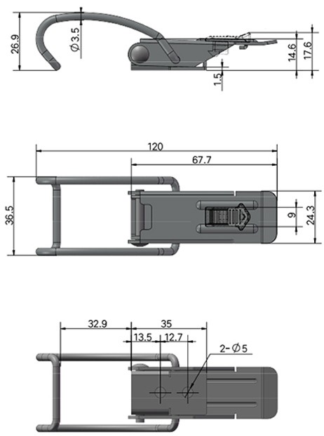 Защелка для крышек и ящиков L=120 B259-3 - схема и размеры