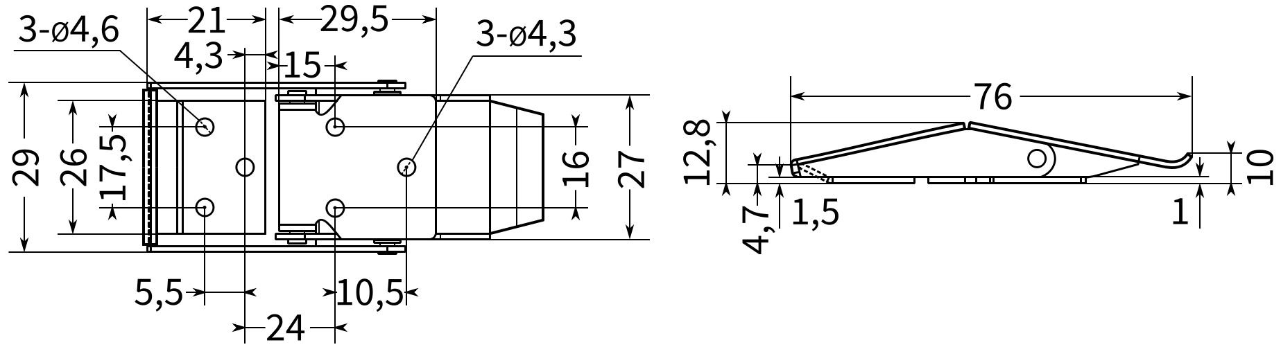 Замок-защелка накладной L=76 B39C-2 - размеры, схема