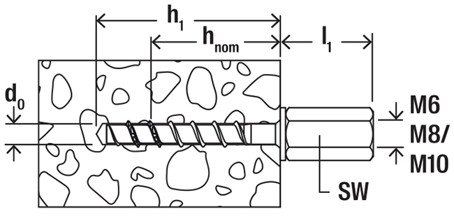 Шуруп по бетону c внутренней резьбой Fischer FBS II I - схема, чертеж