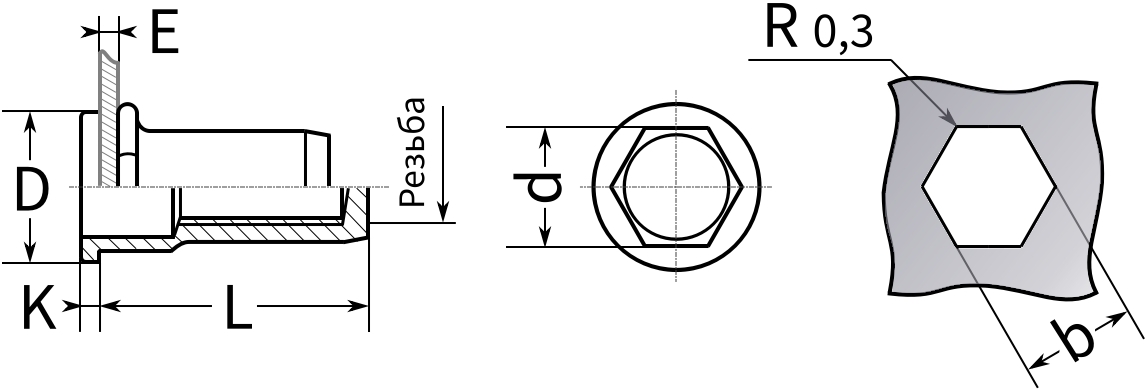 Резьбовая заклепка полушестигранная с цилиндрическим бортиком - схема