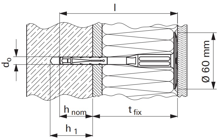 Тарельчатый дюбель fischer для теплоизоляции - схема, чертеж