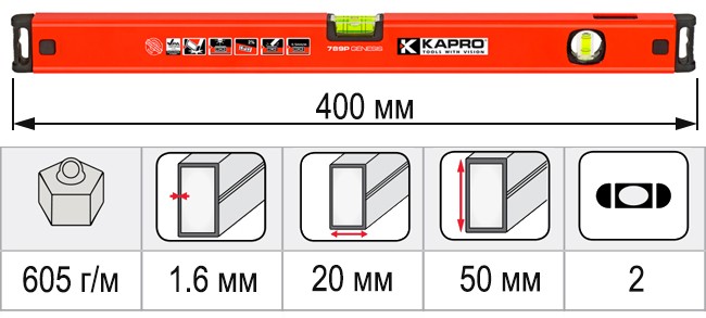 Размеры уровень строительный 400 мм KAPRO GENESIS 781-40-40