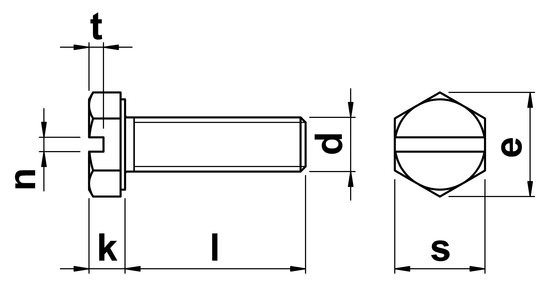 Болт с шестигранной головкой и прямым шлицем DIN 933 схема, чертеж