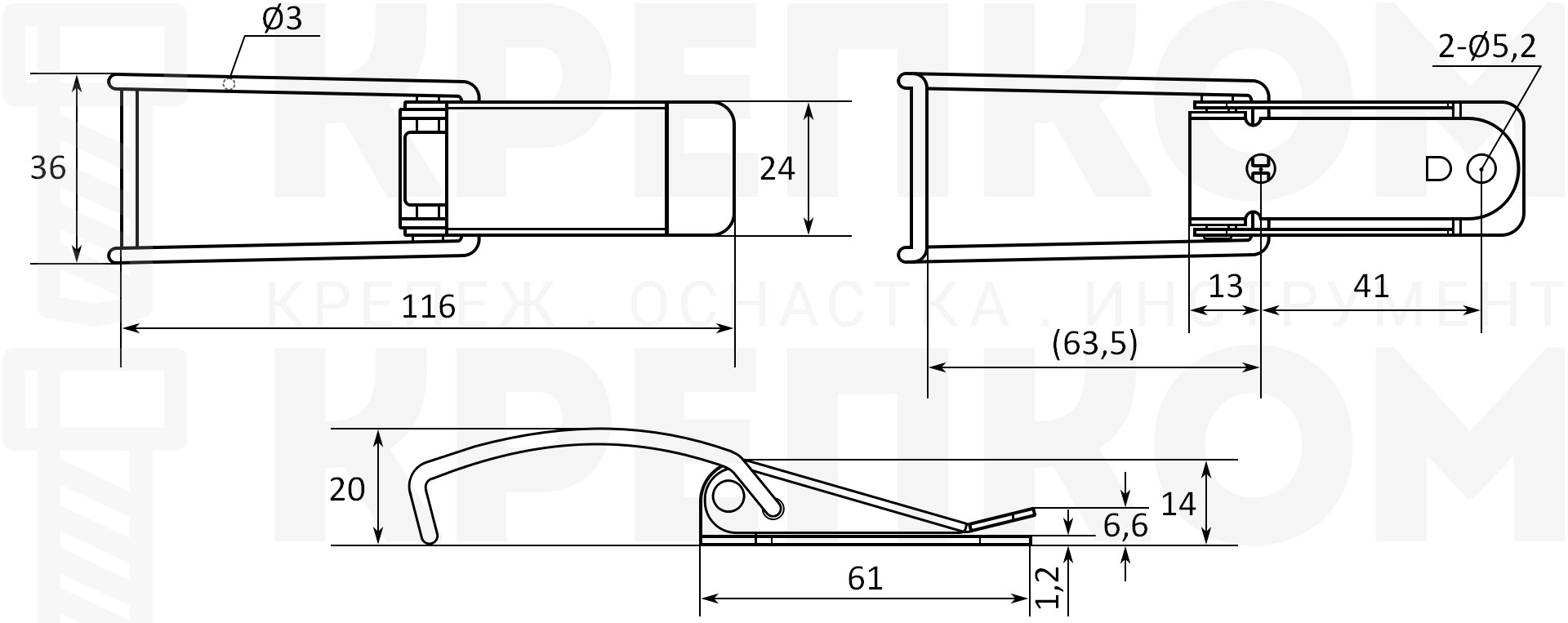 Защелка натяжная для крышек и ящиков L=116 B25C, схема и размеры