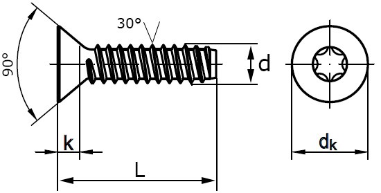 Саморез для пластика Plasfast 30° (thread forming screws countersunk head) - схема, чертеж