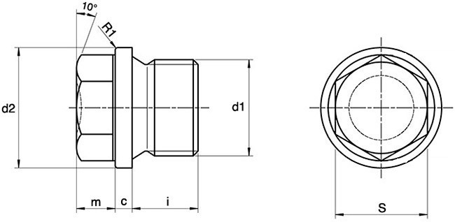 Пробка-заглушка дюймовая с шестигранной головкой и фланцем DIN 910 - схема, чертеж