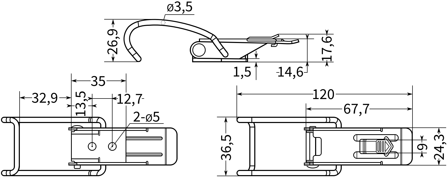 Защелка для крышек и ящиков L=120 B259-3 - схема и размеры