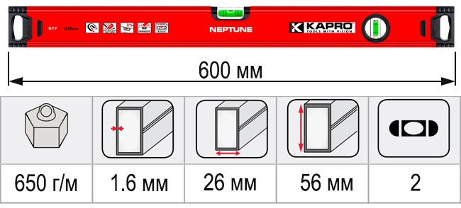 Уровень строительный 600 мм KAPRO NEPTUNE 977-40-60 - размеры