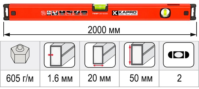 Размеры уровень строительный 2000 мм KAPRO GENESIS 781-40-200PM