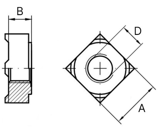 Гайка автомобильная М6х1 мм квадратная SN-10012 - схема, чертеж