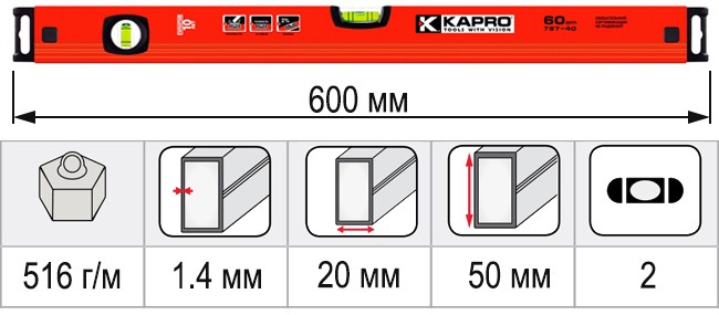 Размеры уровень строительный 600 мм KAPRO HELIUS 787-40-60