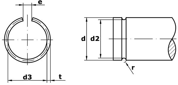 Стопорное кольцо DIN 9925 круглого сечения для валов - чертеж