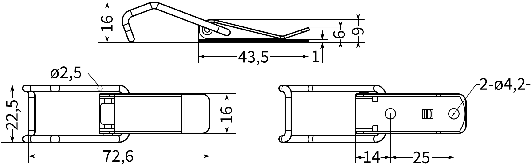 Защелка натяжная L=73 B23, схема и размеры