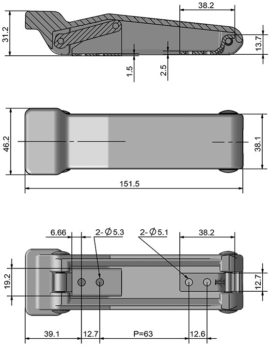 Замок-защелка скрытого типа L=151 B261 - схема с размерами