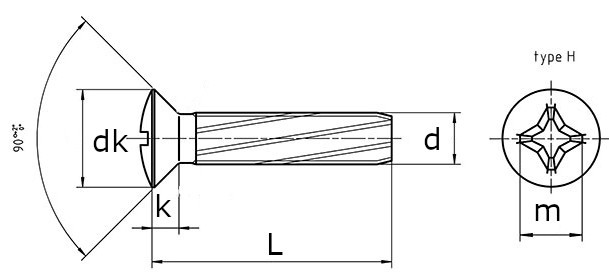 Винт самонарезающий DIN 7516 E с полупотайной головкой и крестообразным шлицем-схема