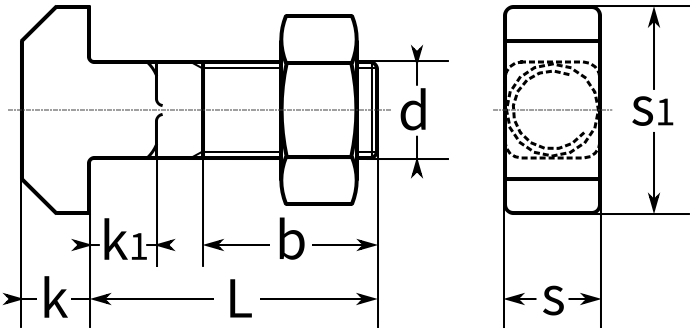 Болт с Т-образной головкой DIN 186 к станочным пазам - схема, чертеж
