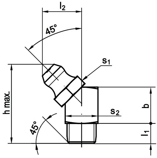 Пресс-масленка DIN 71412 form B угловая 45° - чертеж, схема