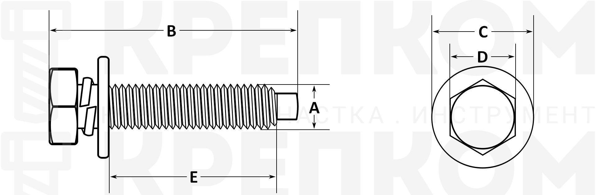 Болт шестигранный М6х1х29 мм с шайбой - схема, чертеж