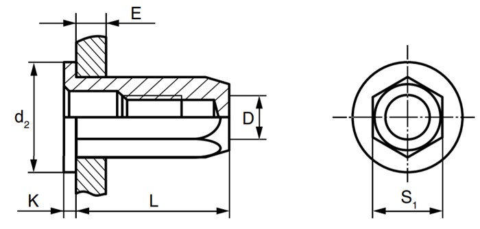 Резьбовая заклепка с цилиндрическим бортиком, шестигранная, закрытая - схема