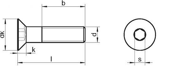Винт с потайной головкой и внутренним шестигранником DIN 7991 ISO 10642 - чертеж, схема