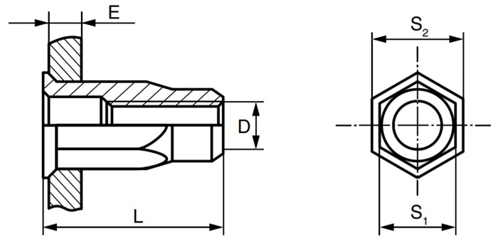 Резьбовая заклепка с уменьшенным бортиком, шестигранная ½ - схема