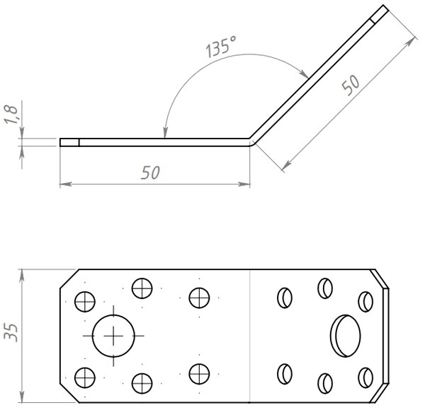 Уголок крепежный для стропил под углом 135° 50х50х35 мм - схема, чертеж