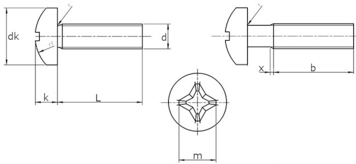 Винт с полукруглой головкой DIN 7985 (ISO 14583)-схема