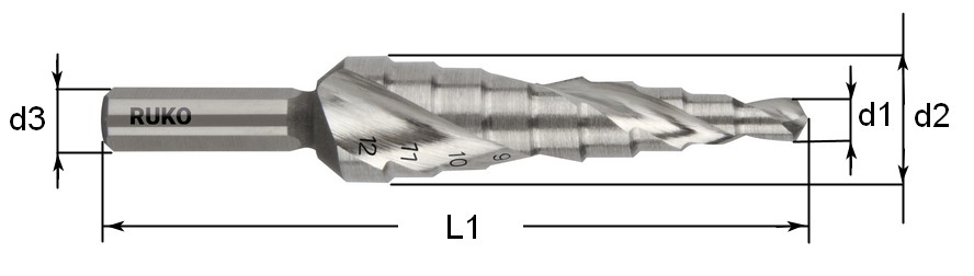 Сверло по металлу ступенчатое HSS-Co5 NextGeneration RUKO кобальтовое схема