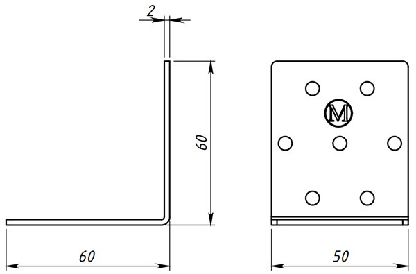 Крепежный равносторонний уголок 60х60х50 - схема, чертеж