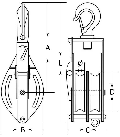 отводной двойной блок с откидной щекой и крюком схема