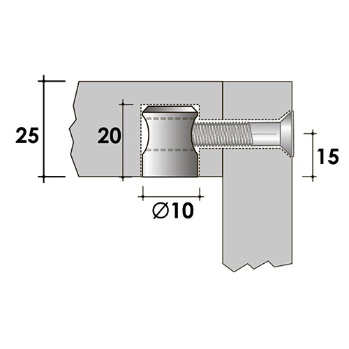 Стяжка-бочонок под шлиц для плит толщиной от 25 мм - размеры монтажа
